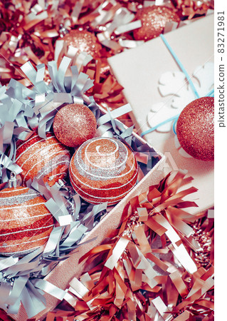 Golden red Christmas decorations border top view monochrome 83271981