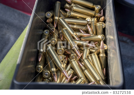 223 ammo copper bullets inside a rectangular black container 83272538