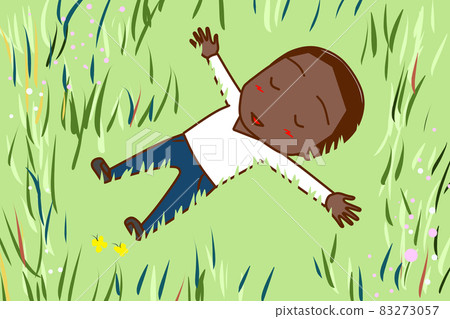 (Whole body diagonal) An African man lying comfortably in the field 83273057