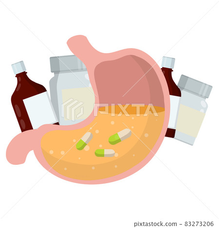 Stomach and pill. Dissolving drug. Disease of human internal organ. Cartoon flat illustration. Taking medicine. Medical care. Pain in belly. Capsule and digestion. Oral preparation application 83273206