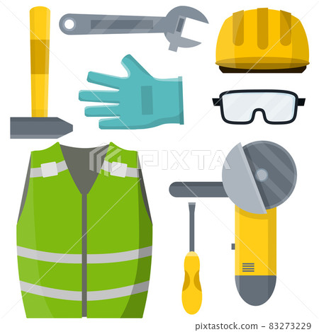 Set of clothes Builder and worker. Orange vest, helmet, glasses, gloves. Grinder and Repair and maintenance. Safety and tools. Cartoon flat illustration 83273229
