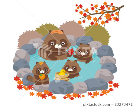 Illustration material: Illustration of a raccoon family in a hot spring (autumn) 83273471