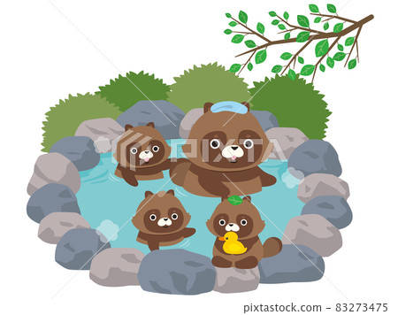 Illustration material: Illustration of a raccoon family in a hot spring (summer) 83273475