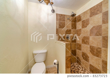 Shower area and toilet separated by half wall inside the bathroom of home 83273723