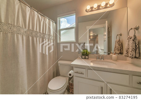 Toilet shower curtain oval sink and cabinet inside bathroom of home with window Toilet shower curtain oval sink and cabinet inside bathroom of home with window 83274195