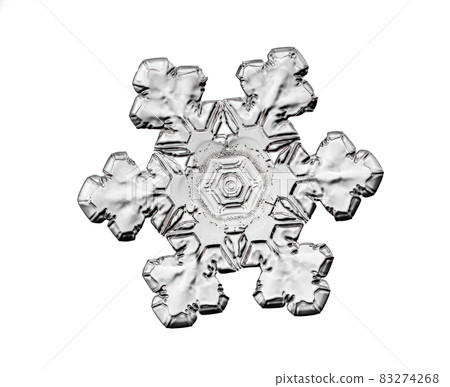 Black snowflake isolated on white background. Illustration based on macro photo of real snow crystal: elegant star plate with short, broad arms, glossy relief surface and complex inner details. 83274268
