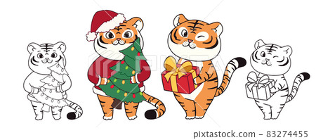 Cute little tigers illustration character design banner for Christmas. Doodle cartoon style. Cute little tigers illustration character design banner for Christmas. Doodle cartoon style. 83274455