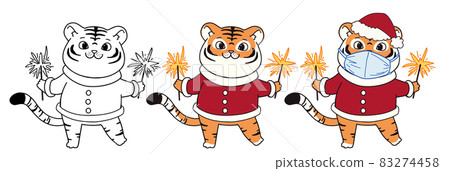 Cute little tigers wearing Christmas costume and medical mask. Doodle cartoon style. 83274458