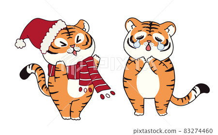 Cute little tigers illustration character design banner for Christmas. Doodle cartoon style. Cute little tigers illustration character design banner for Christmas. Doodle cartoon style. 83274460