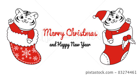 Cute little tigers illustration character design banner for Christmas. Doodle cartoon style. Cute little tigers illustration character design banner for Christmas. Doodle cartoon style. 83274461