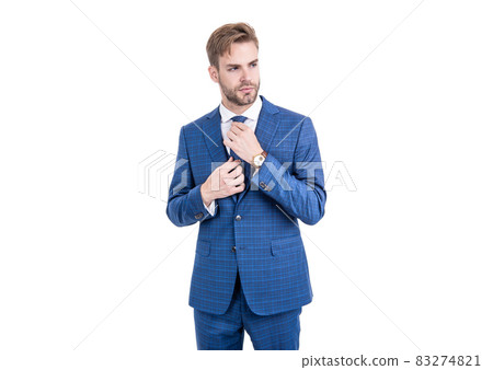 Handsome professional wear classic blue suit and tie formalwear, dressing for success. 83274821