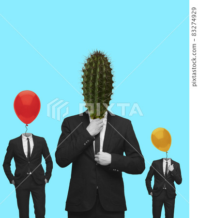 Contemporary art collage of man in official black suit with flower head and air baloons head isolated over blue background 83274929