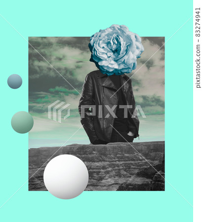 Contemporary art collage of man in black leather jacket with blue flower head isolated over sky and mountains background Contemporary art collage of man in black leather jacket with blue flower head isolated over sky and mountains background 83274941