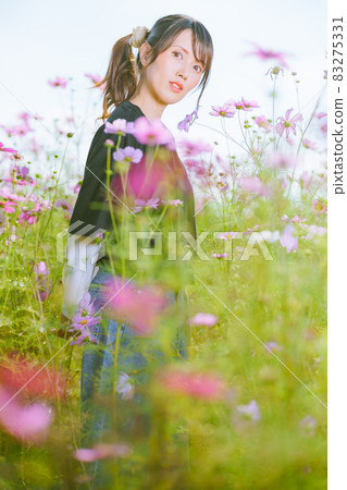 A cute girl taking a walk in a cosmos field A cute girl taking a walk in a cosmos field 83275331