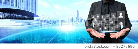 Picture Of Businessman Presenting With Both Open Hands Showing Amazing Futuristic Technology. Employee Discussing News Performing Wonderful Modern Automation. Picture Of Businessman Presenting With Both Open Hands Showing Amazing Futuristic Technology. Employee Discussing News Performing Wonderful Modern Automation. 83275696