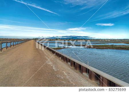 Footbridge and scenic wetlands in Bolsa Chica Nature Reserve Huntington Beach CA 83275699