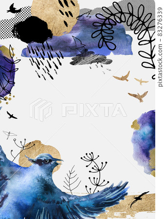 Artistic template for design. Watercolor composition with birds and plants 83276339