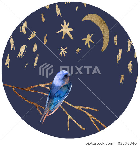 Round art composition with watercolor bird and golden elements 83276340