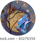 Round art composition with watercolor bird and golden elements 83276356