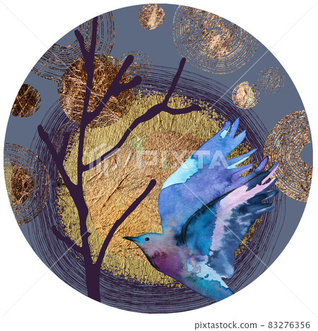 Round art composition with watercolor bird and golden elements Round art composition with watercolor bird and golden elements 83276356