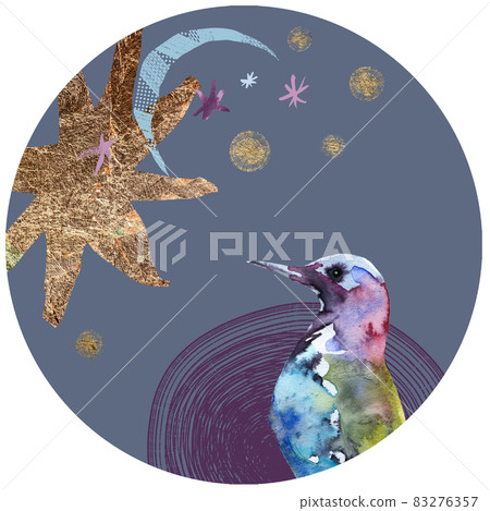 Round art composition with watercolor bird and golden elements 83276357