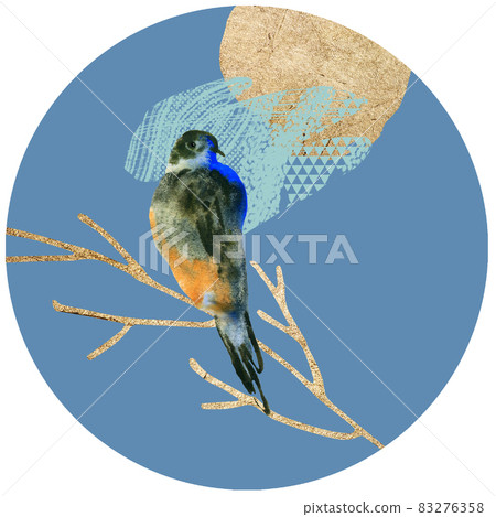 Round art composition with watercolor bird and golden elements 83276358