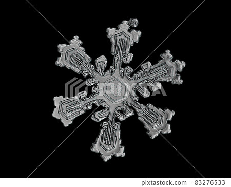 White snowflake isolated on black background. Illustration based on macro photo of real snow crystal: elegant star plate with short, broad arms, glossy relief surface and complex inner details. White snowflake isolated on black background. Illustration based on macro photo of real snow crystal: elegant star plate with short, broad arms, glossy relief surface and complex inner details. 83276533