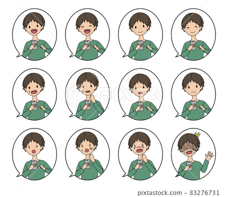 A set of materials with illustrations of men holding smartphones with various facial expressions in the balloon 83276731