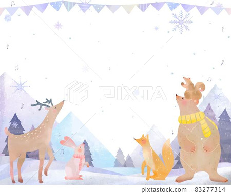 Scandinavian style forest animals with snowflakes fashionable winter beautiful scenery vector white background frame illustration material 83277314