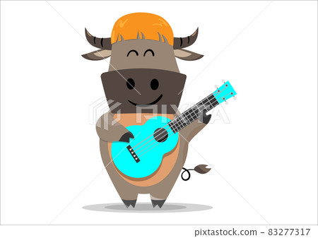happy male smiling buffalo rocker playing blue acoustic guitar, isolated on white. vector illustration 83277317