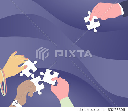 Illustration Of Hands Holding Jigsaw Puzzle Pieces Helping Each Others To Solve The Problem. Palm Drawing Playing With Boardgame Cooparating With Teammates. 83277806