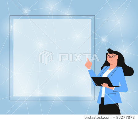 Illustration Of A Businesswoman Standing Holding Her Laptop Presenting New Amazing Ideas. Lady In Formal Wear Drawing Using Minicomputer Sharing Old News. 83277878