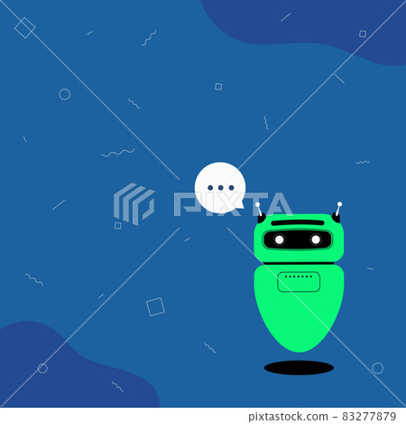 Illustration Of Cute Floating Robot Telling Us New Wonderful Information In A Chat Cloud. Adorable Flying Mechanical Person Drawing Saying Old Amazing Advice . 83277879