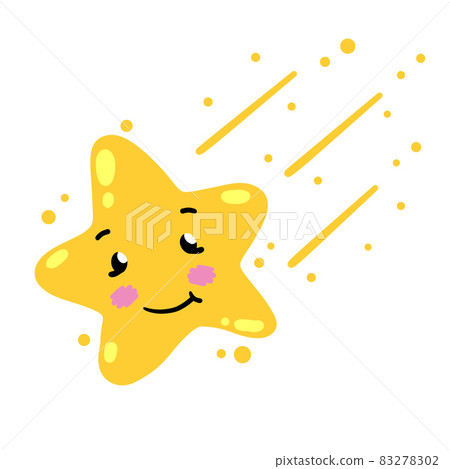 Cute star. Element of night and nature. Falling Cartoon illustration. Children drawing. Space star with fun face. Yellow comet Cute star. Element of night and nature. Falling Cartoon illustration. Children drawing. Space star with fun face. Yellow comet 83278302