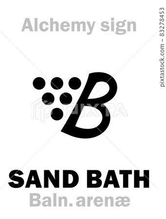 Alchemy Alphabet: SAND BATH (Balneum arenae), Sandbath, container of heated sand, used in Laboratory to supply uniform heating. Alchemical sign, Medieval symbol. Alchemy Alphabet: SAND BATH (Balneum arenae), Sandbath, container of heated sand, used in Laboratory to supply uniform heating. Alchemical sign, Medieval symbol. 83278453