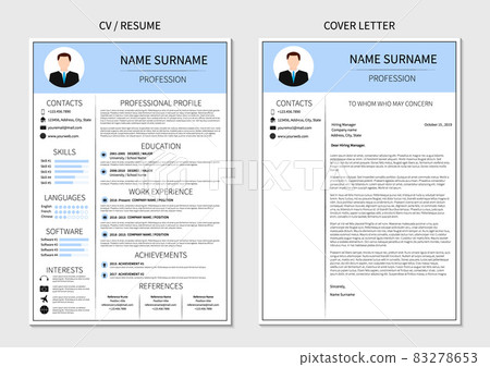 Resume template for men. Modern CV and cover letter layout with infographic. Minimalistic curriculum vitae design. Employment vector illustration. 83278653