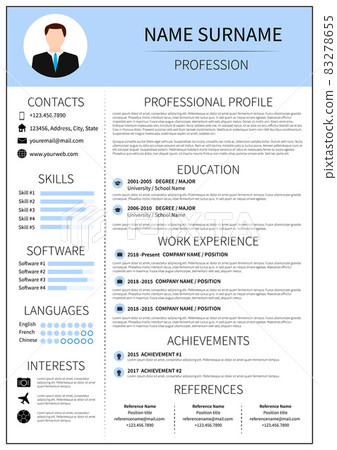 Modern CV layout with infographic. Resume template for man. Minimalistic curriculum vitae design. Employment vector illustration. 83278655