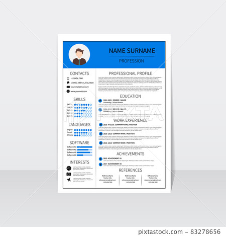 Resume template for man. Modern CV layout with infographic. Minimalistic curriculum vitae design. Employment vector illustration. 83278656