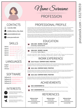 Resume template for women. Modern CV layout with infographic. Minimalist curriculum vitae design. Employment vector illustration. 83278659