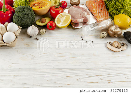 high angle vegetable ingredients meat with copy space. High quality and resolution beautiful photo concept high angle vegetable ingredients meat with copy space. High quality and resolution beautiful photo concept 83279115
