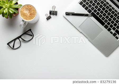 flat lay desk with laptop glasses. High quality and resolution beautiful photo concept flat lay desk with laptop glasses. High quality and resolution beautiful photo concept 83279136