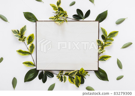 flat lay paper card template with leaves. High quality and resolution beautiful photo concept flat lay paper card template with leaves. High quality and resolution beautiful photo concept 83279300