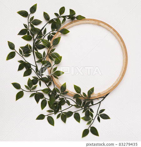 green leaves decorated wooden circle frame against white backdrop. High quality and resolution beautiful photo concept 83279435