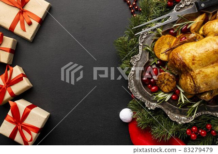 flat lay delicious christmas food assortment with copy space. High quality and resolution beautiful photo concept flat lay delicious christmas food assortment with copy space. High quality and resolution beautiful photo concept 83279479