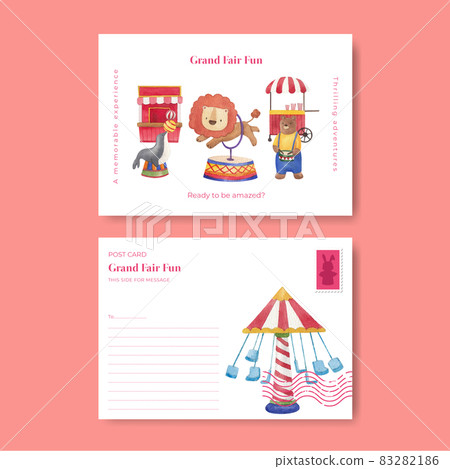 Postcard template with circus funfair concept,watercolor style Postcard template with circus funfair concept,watercolor style 83282186