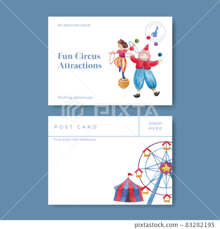 Postcard template with circus funfair concept,watercolor style Postcard template with circus funfair concept,watercolor style 83282195