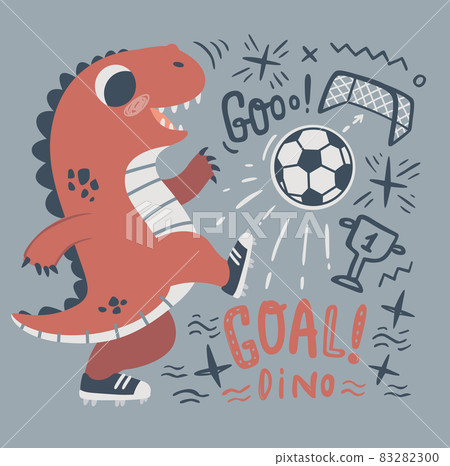 Cute little dinosaur Plays Soccer. Dino plays with the ball on a grey background vector illustration. Ideal for cards, poster, prints, anniversary, nursery clothing, kids room 83282300