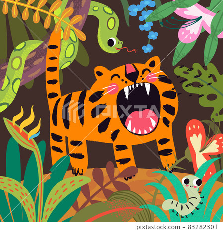 Jungle Tropical Background with Cute Roaring Tiger Cub. Illustration of a jungle landscape background, with ornaments made with leaves and flowers of tropical plants and trees 83282301