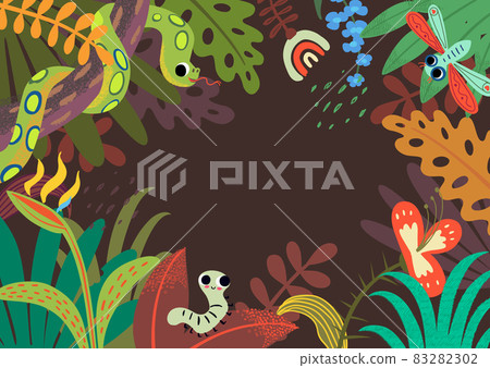 Jungle Tropical Background with plays For Text. Illustration of a jungle landscape background, with ornaments made with leaves and flowers of tropical plants and trees 83282302