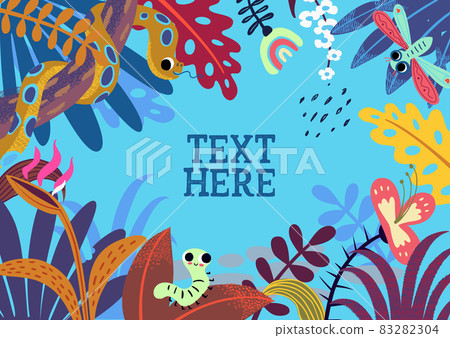 Jungle Tropical Background with plays For Text. Illustration of a jungle landscape background, with ornaments made with leaves and flowers of tropical plants and trees 83282304